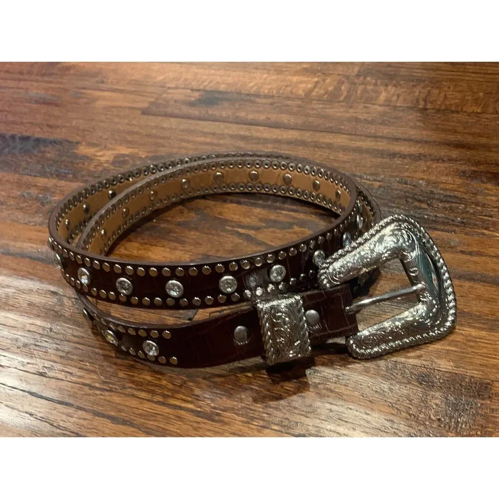 Nocona women's western belt brown leather rhinestones cowgirl rodeo EUC size XL